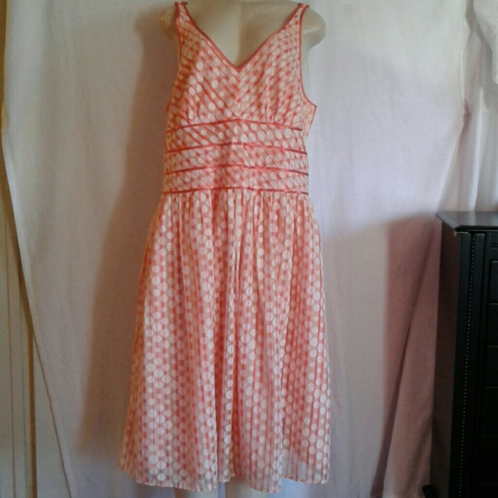 Robbie Bee Coral and White Polka Dot Midi Dress